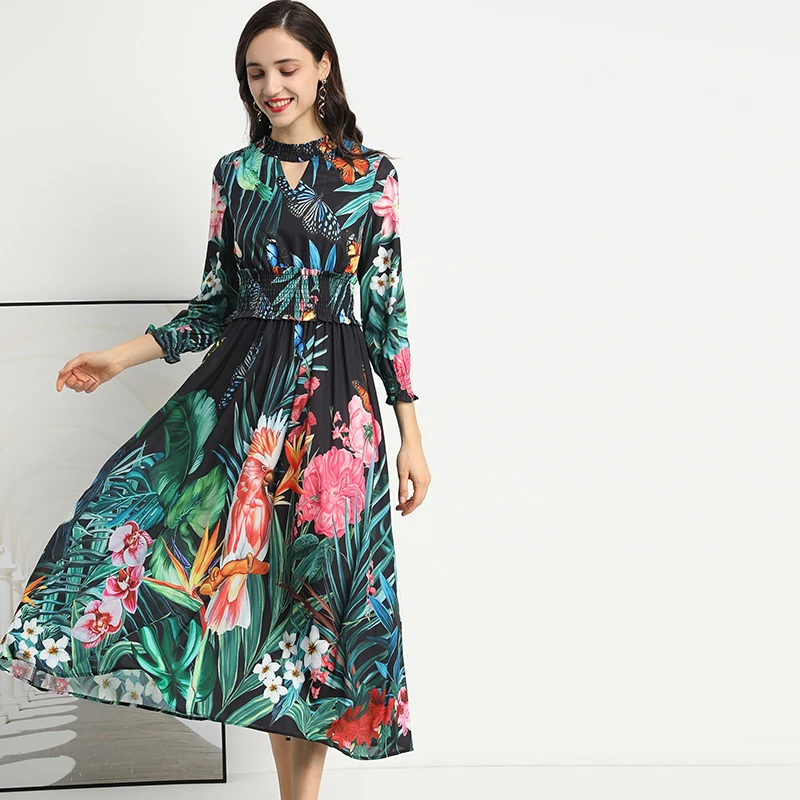 Мода 2020 женское длинное платье высокое качество цветочный принт тонкая талия