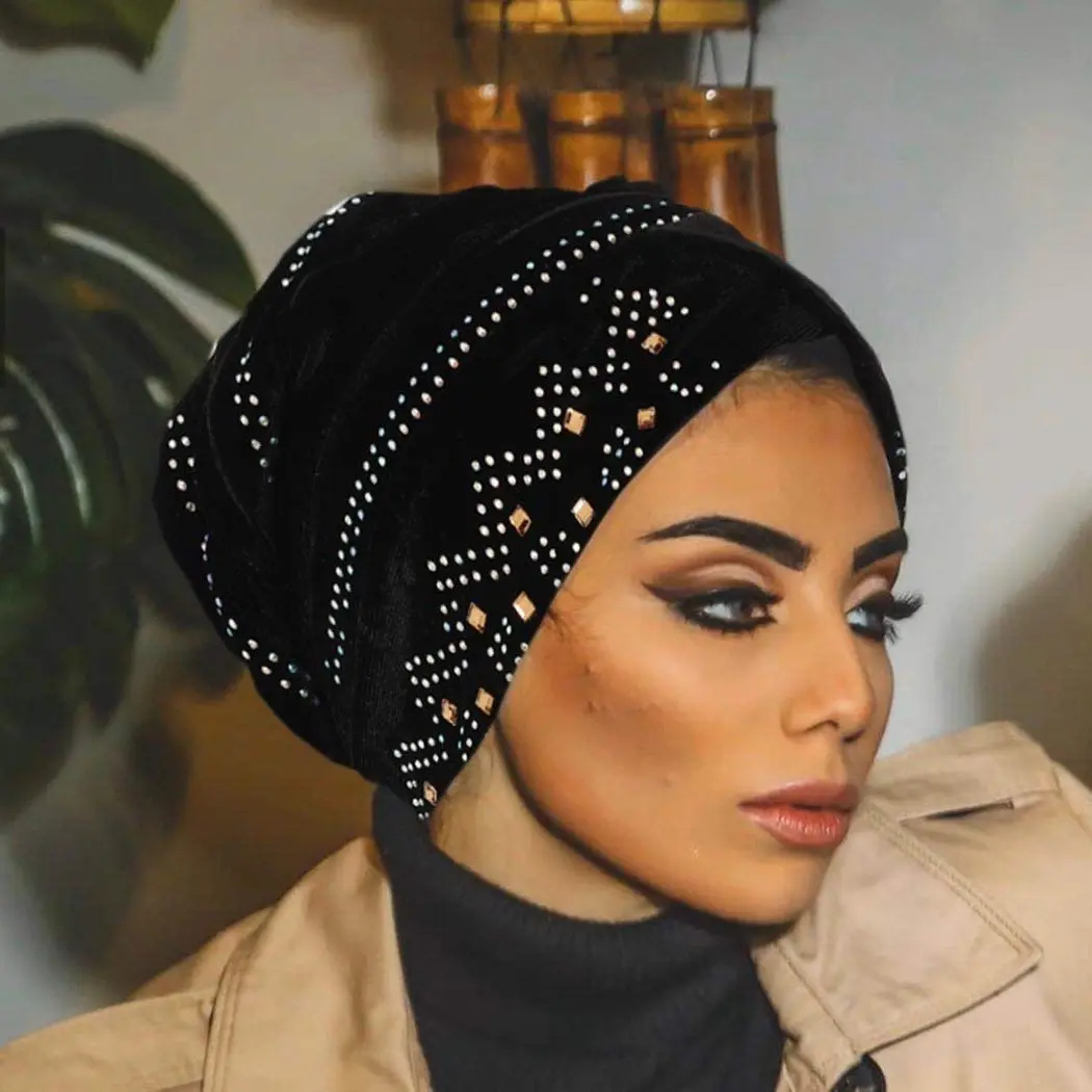 

Women Turban Shower Wide Sparkly Sleep Crystal Muslim Hijab Hat Headwear Beanie Pre-Tied Bonnet Velvet African Cap Hair Wrap