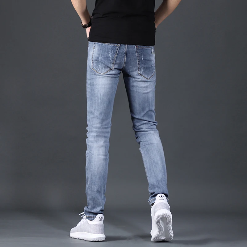Summer Light Blue Jeans Men Casual Slim Fit Pencil Pants Thin Ripped Denim Trousers