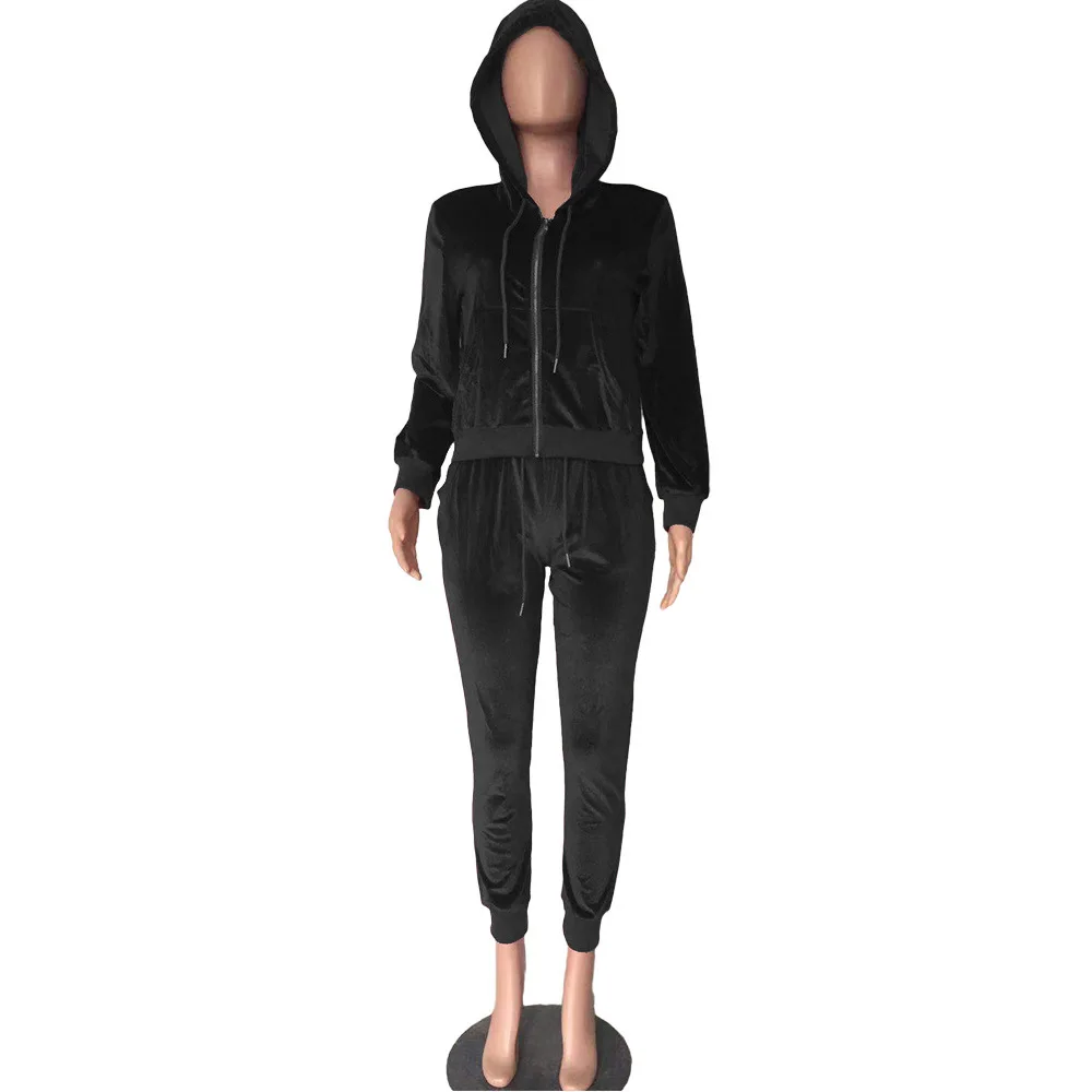 

Autumn winter velvet tracksuit Long sleeve zipper hoodie+sweatpants joggers women set Solid black sweat suits matching sets