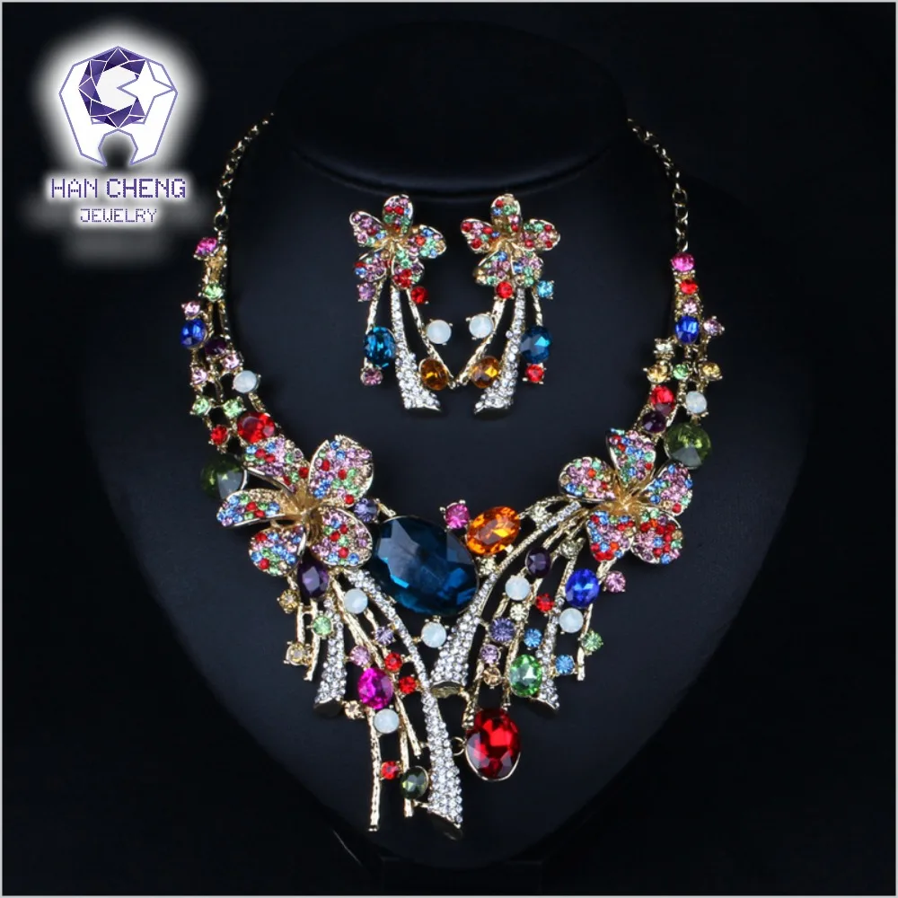 HanCheng Luxury Flowers Golden Metal Rhinestone Big Crystal Statement Choker Necklace/Earrings For Women Jewelry leagtha collier | Украшения