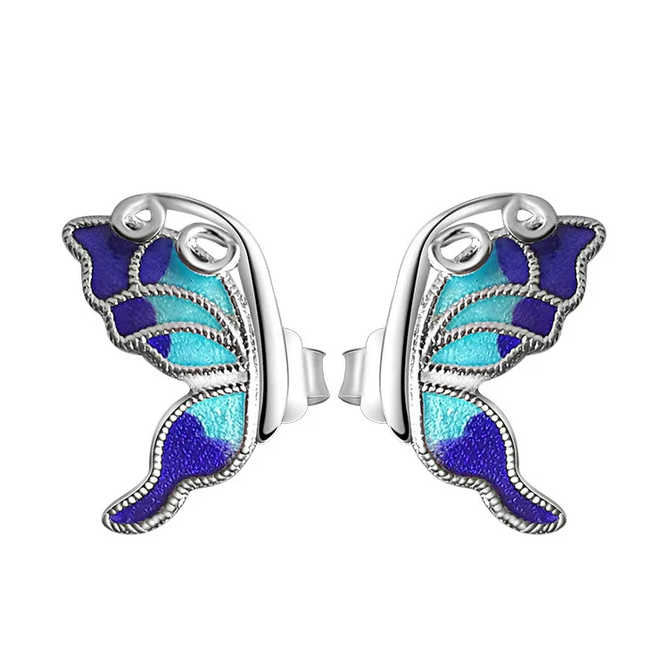 

S925 Standard Silver Enamel Butterfly Stud Earrings Cute Blue Color Butterfly Earrings for Women Girls Birthday Gifts Jewelry