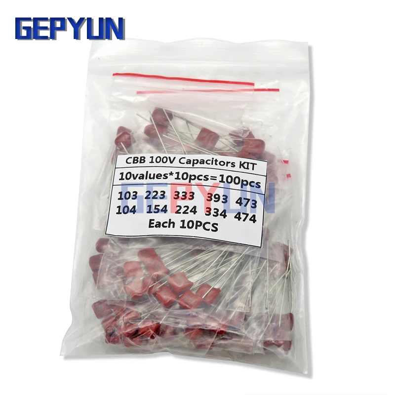 

KIT 100PC=10value*10PCS Metallized Polyester Film Capacitors CBB Assortment Kit 100V 10nF ~ 470nF