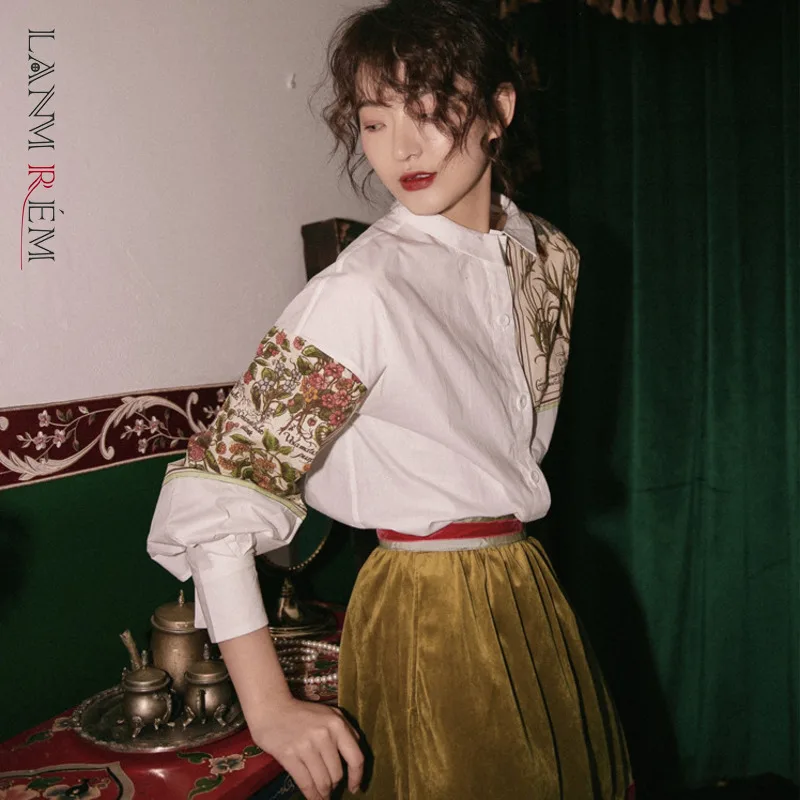 LANMREM 2021 осенняя одежда для женщин ботаника Атлас Печать белая рубашка свободная