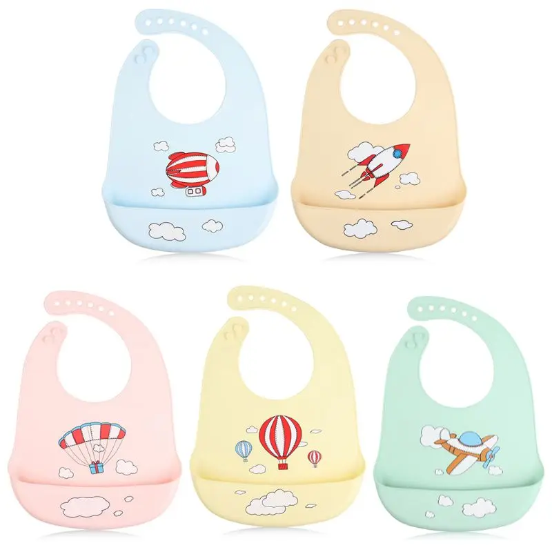 

Waterproof Silicone Baby Bibs Candy Color Cartoon Plane Rocket Print Toddlers Feeding Weaning Food Crumb Catcher Pocket