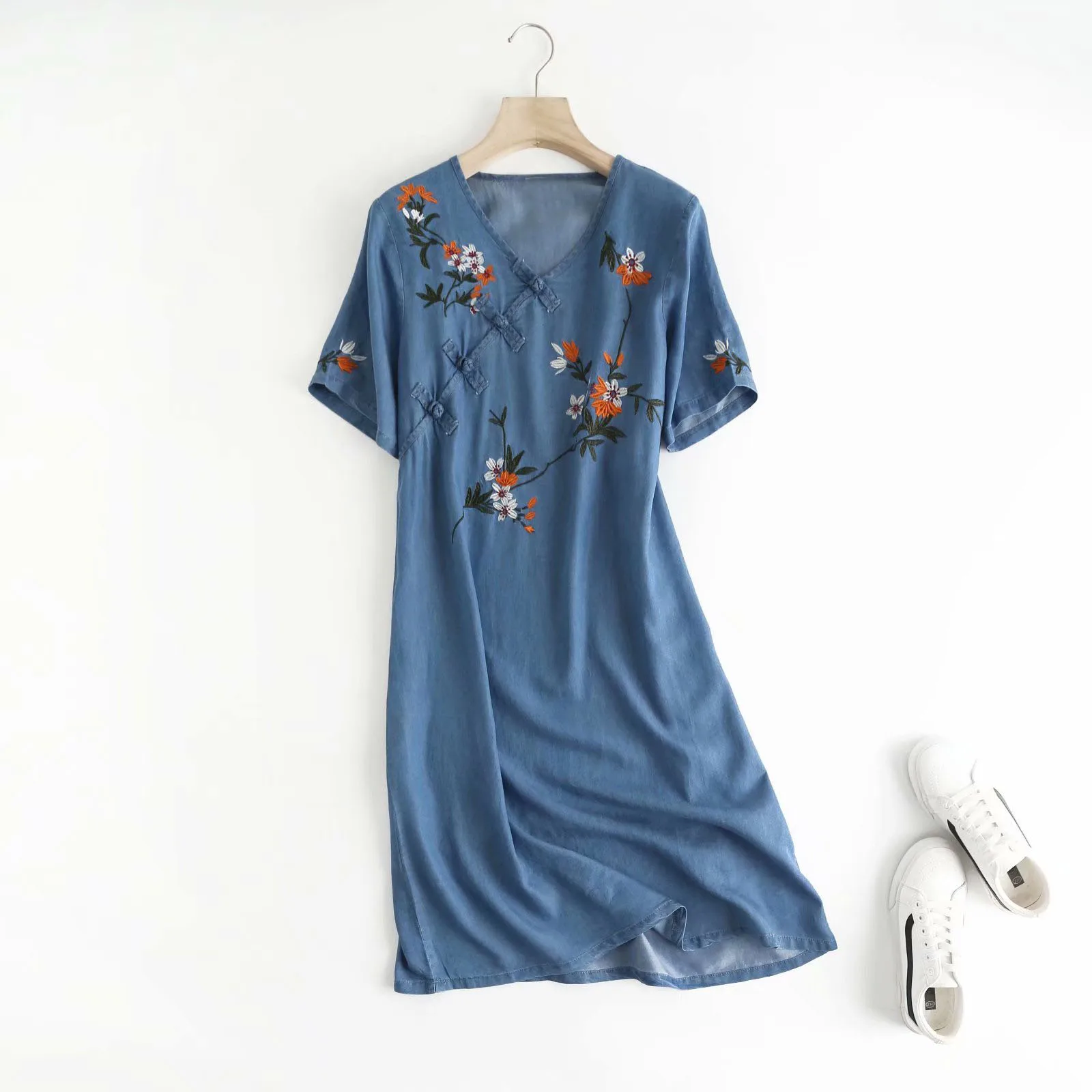 

embroidery denim dress women short sleeves casual summer loose denim dresses cotton floral light blue v-neck dress
