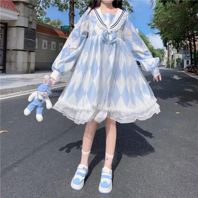 

Factory original design Lolita dress poker love navy collar long sleeve OP dress
