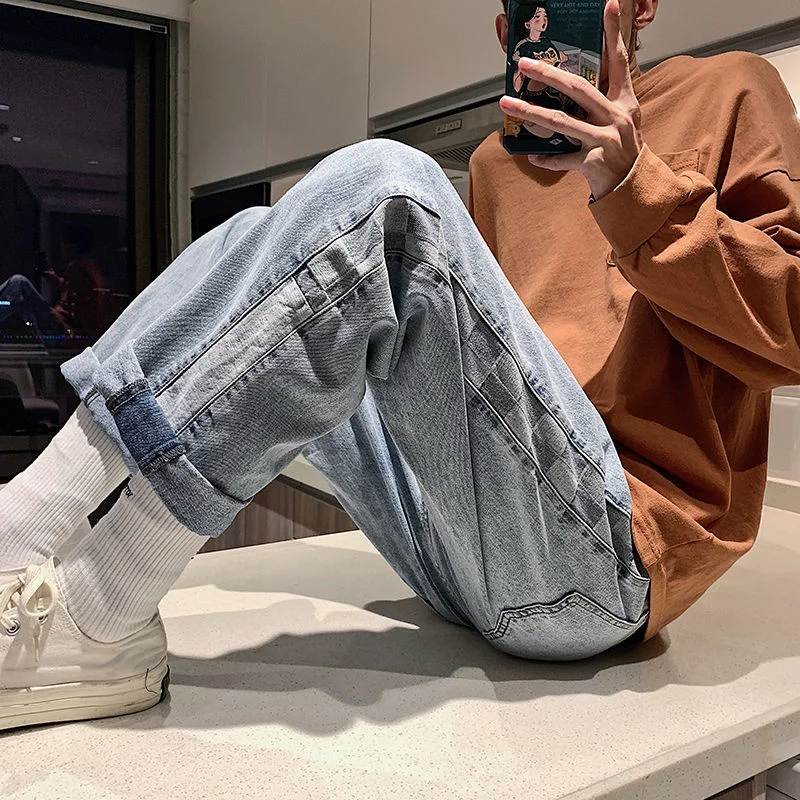 

Washed Stitching Plaid Jeans Men Retro Hiphop Streetwear Casual Loose Sports Denim Pants Straight Wide-leg Trousers Four Seasons