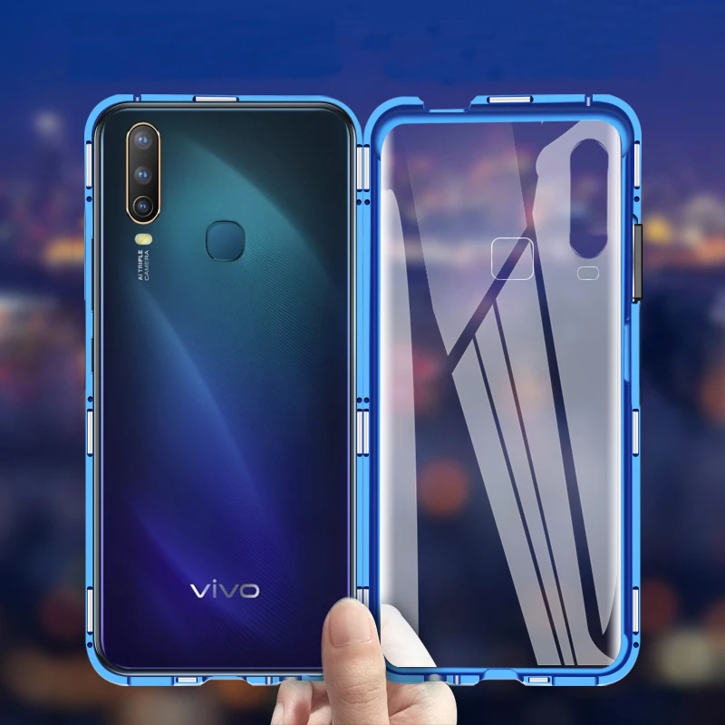 Магнитный чехол для Vivo Y11 2019 двухсторонний из закаленного стекла на 360 градусов Y19
