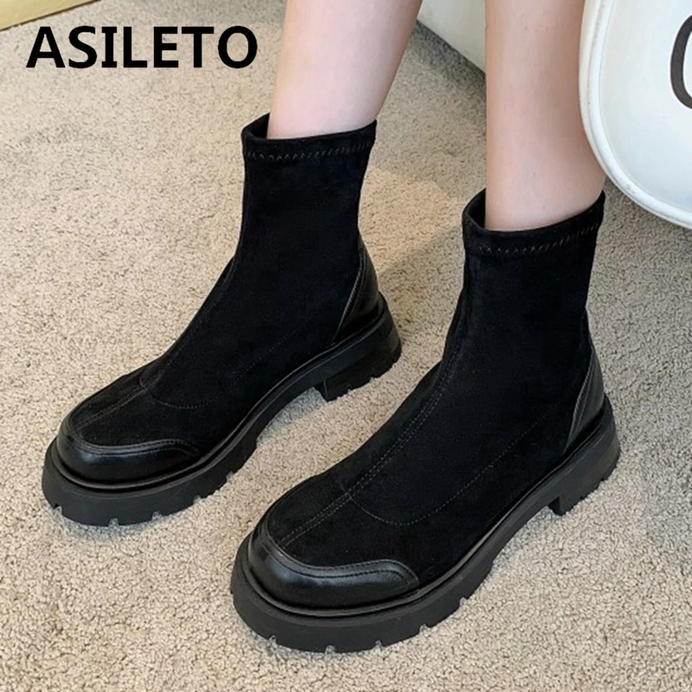 

ASILETO 2021 новая платформа квадратный каблук плоские короткие ботильоны Mortorcycle Strethcy смешанные цвета Дизайнерская обувь для женщин 42 S2490
