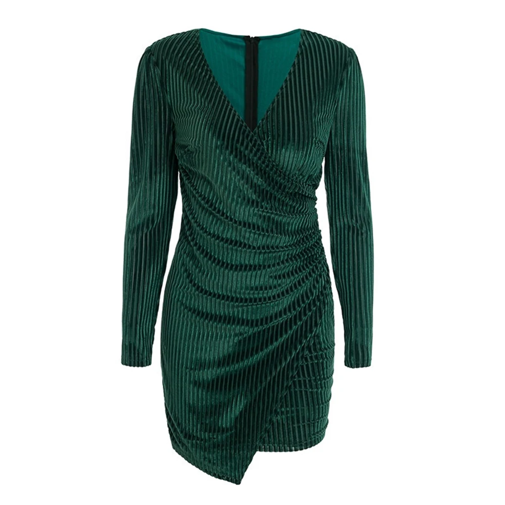 

Newly Women's V-Neck Mini Dress Silm Fit Solid Color Party Costume Long Sleeve Irregular Dress m99