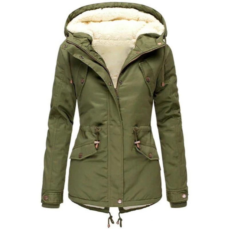 Women's Winter Casual Zipper Jacket Oversized Parker Cotton Coat Solid Color Overcoats Hooded Drawstring Padded Camping Coats
