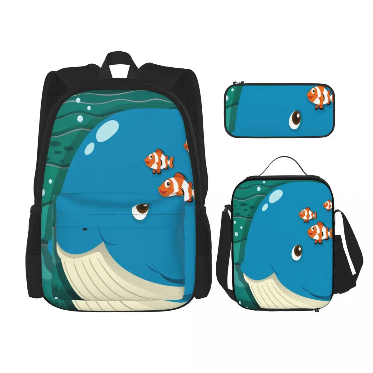 

3PCS School Backpack Set Whale Clownfish Swimming Bag Casual Student Backpacks School Bags for Teenagers Boys Girls