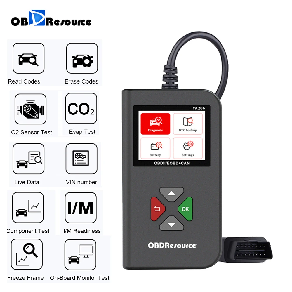 

YA206 OBDII Code Reader Engine Off Light Car Diagnostic tools Lifetime Free Update Newest 12V OBD2 automotive Scanner pk elm327