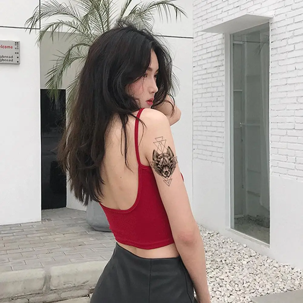 Геометрические ромбовидные татуировки временные руки волк мужские