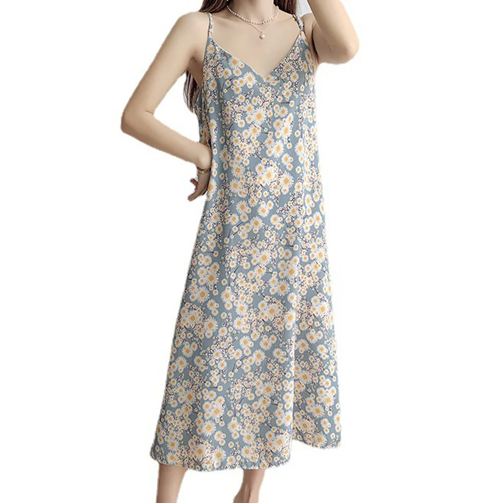 

2021 Summer Deep V Neck Dress Women Flowers Little Daisy Sexy Elegant Party Sleeveless Spaghetti Strap Midi Dresses Sundress