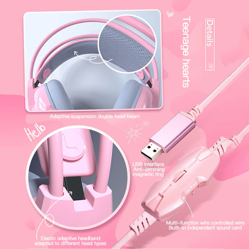 

Professional Gamer 7.1 Surround Sound Pink Headphones Gaming Headset Wired With Microphone For PC Computer Gifts