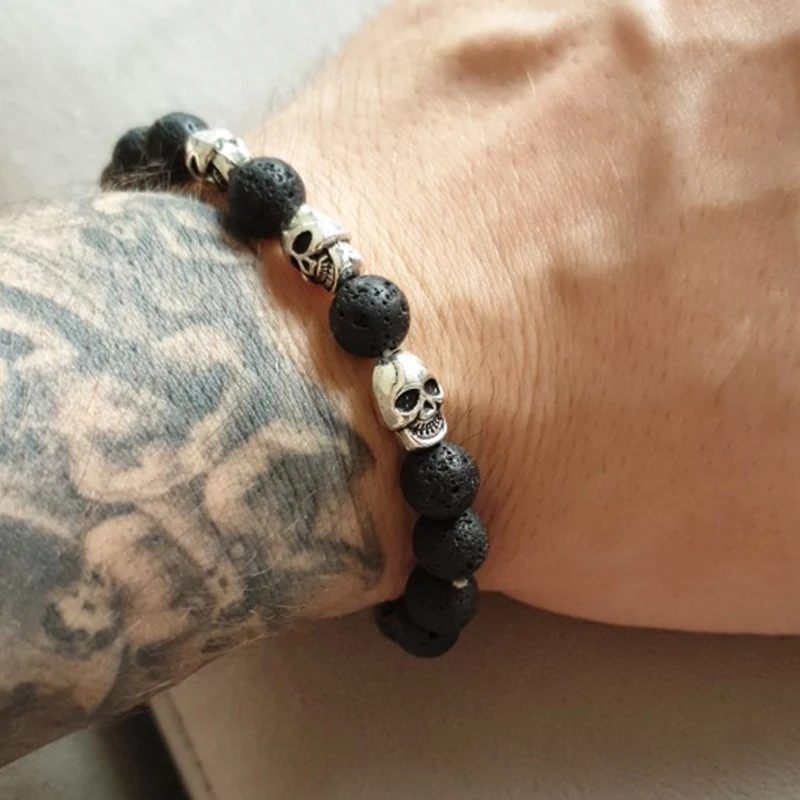 2020 новый модный мужской браслет из натурального камня лавовые бусины Скелет