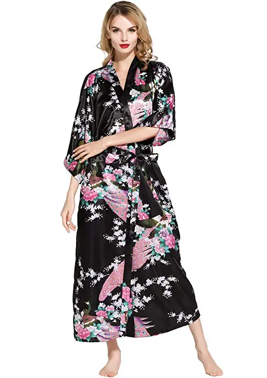 Женский Атласный халат с принтом цветочное кимоно повседневная одежда для сна