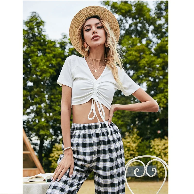 

ZOGAA Sets Women Spring Summer Women's Sexy Lace-up Blouse High Waist Plaid Casual Pants Suit Hot Sale All-match Trendy Female
