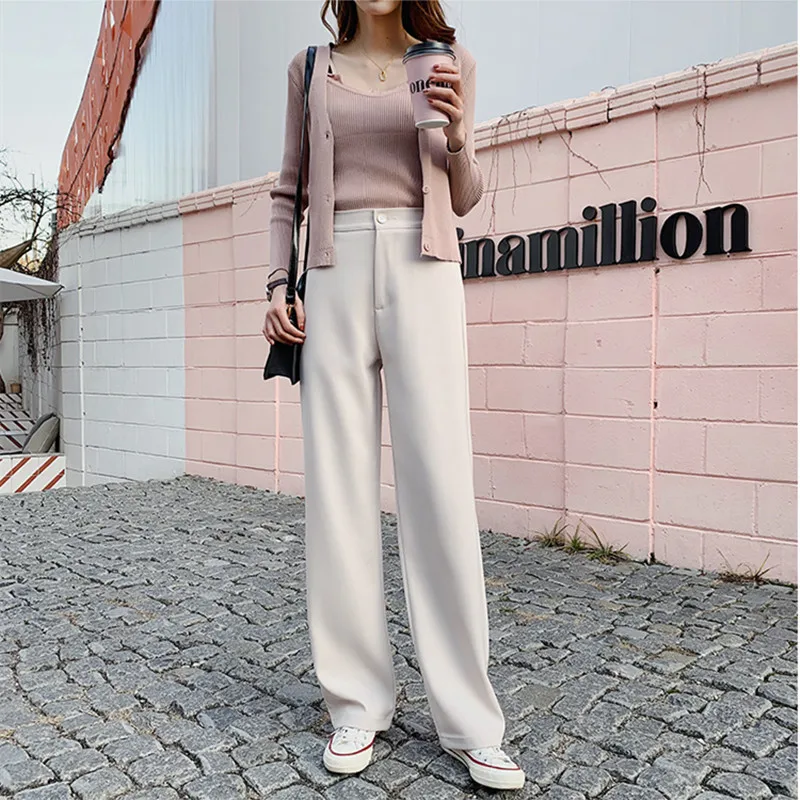 OL Стиль Широкие брюки женские Новые однотонные с высокой талией элегантные