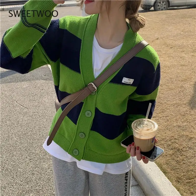 

Korean Version of The Green Striped Sweater Coat 2021 Autumn New Lazy Loose V-Neck Long-Sleeved Knitted Cardigan Women