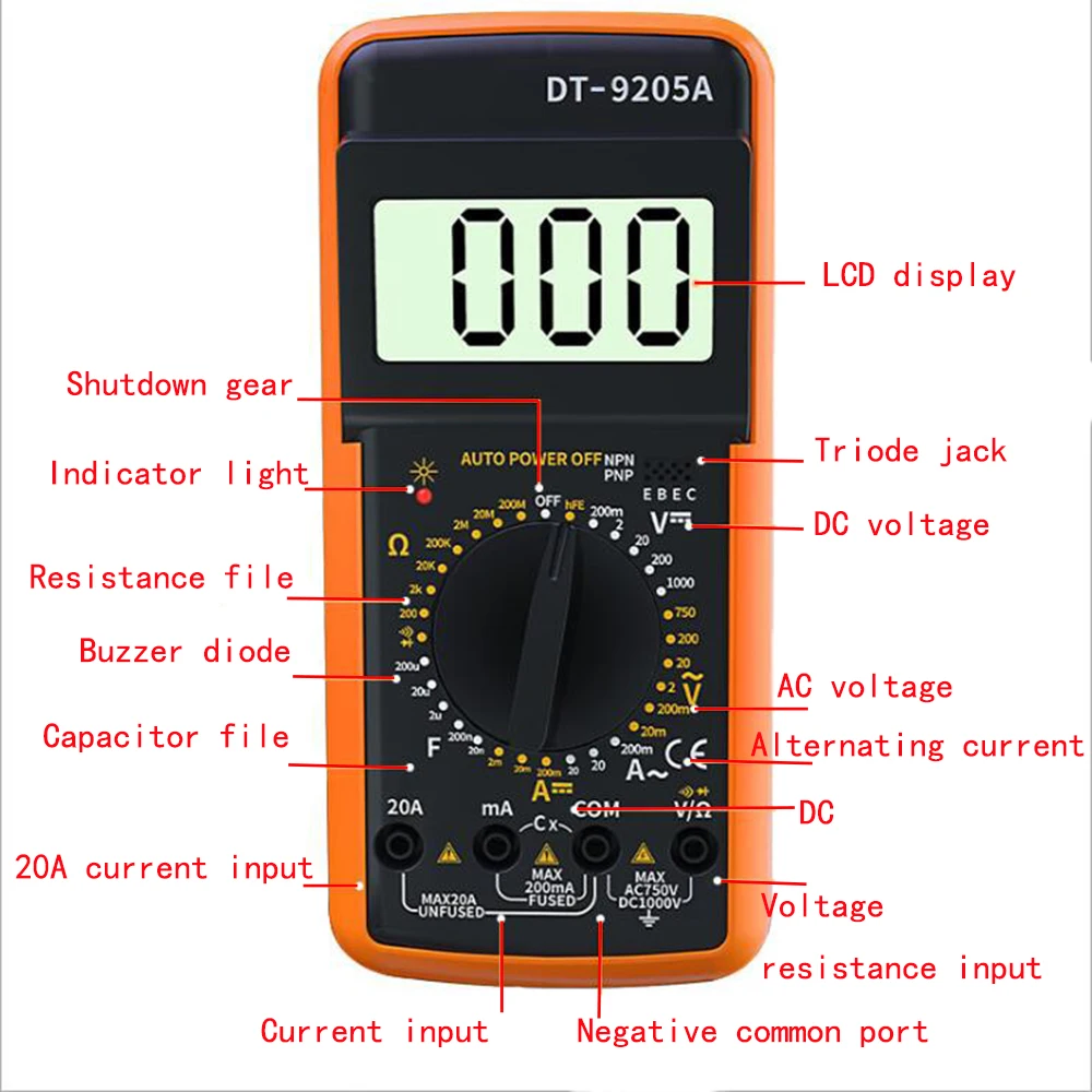DT9205A ЖК-дисплей цифровой мультиметр электрический ручной Амперметр Вольтметр