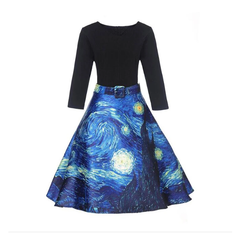 Женское винтажное платье с завышенной талией и объемным принтом Ван Гога