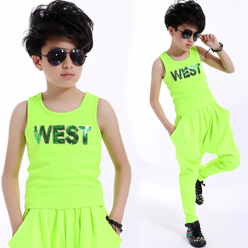 Костюм для танцев в стиле хип-хоп флуоресцентный зеленый жилет шаровары одежда