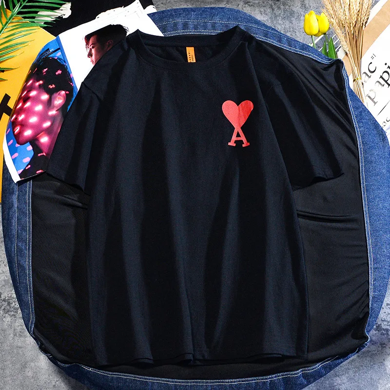 

Red Heart A Trendy Printed Top Hong Kong Style Korean Combed Cotton Round Neck Short Sleeve T-shirt For Men And Women Couples