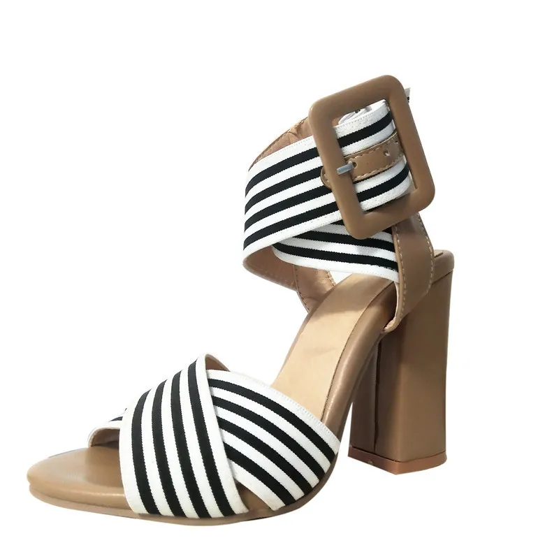 

2020 summer big size sandals elastic band fish mouth thick heel high heels belt buckle versatile women's shoes