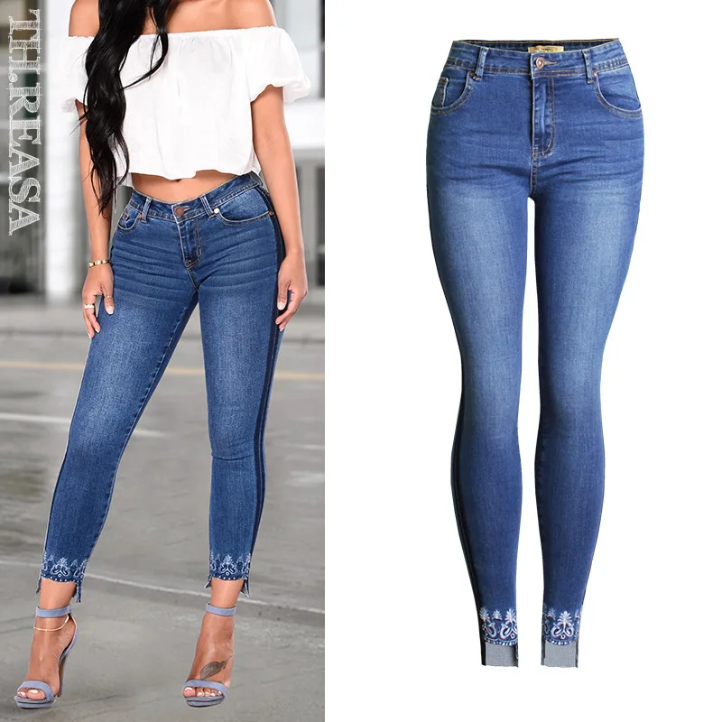 Autumn and Winter New Women's Mid-high Waist Jeans Stretch Slim Fit Embroidered Feet Jeans Pencil Pants