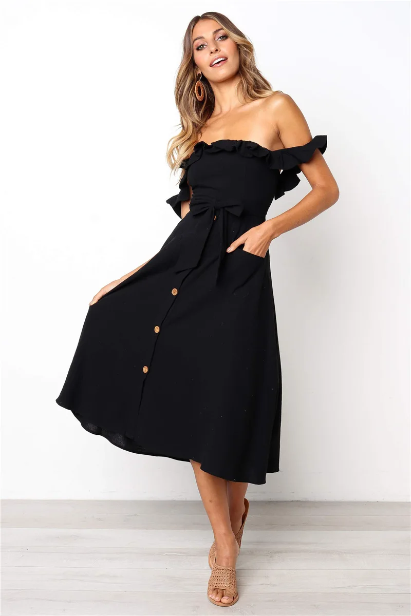 

Hot Selling Single-Breastde Dresses Summer Sexy Dress Off-Shoulder Dress Ruffles Backless Lace-Up Pocket Dress Women