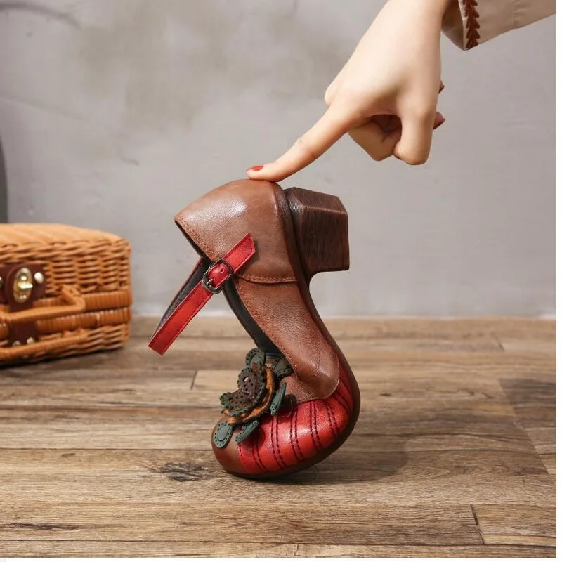 

GKTINOO 2021 Vintage Women Pumps Comfortable Genuine Leather High Heel Shoes Women Round Toe Casual Thick Heels Single Shoes