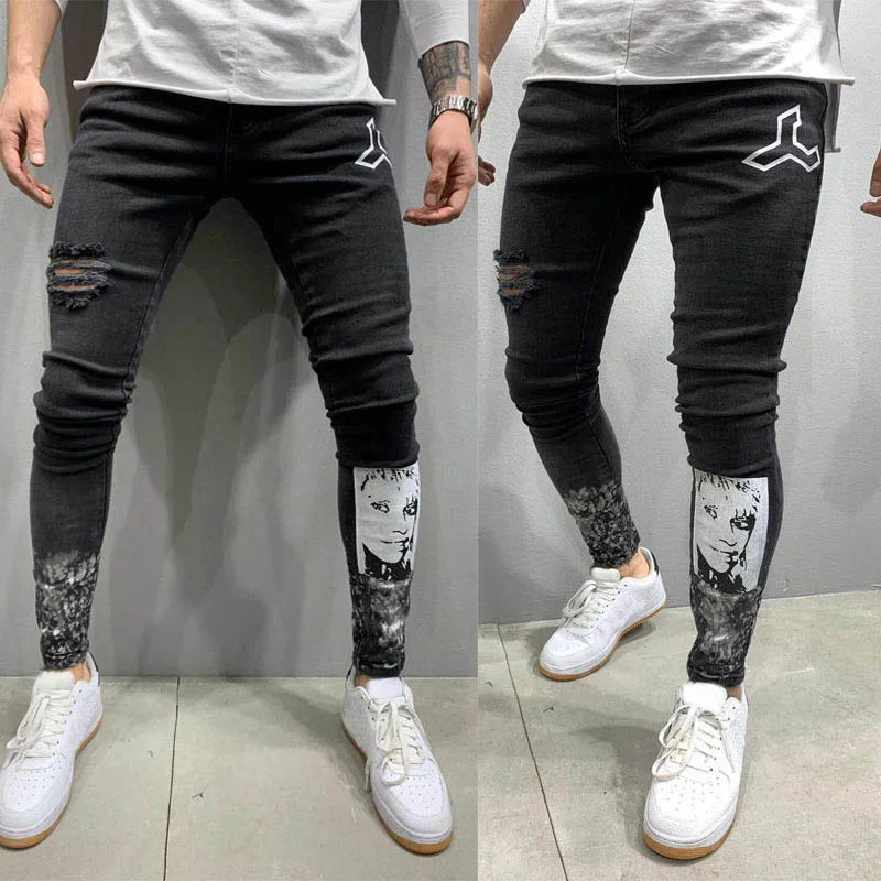 Men Black Ripped Jeans Fashion Stretch Print Slim Distressed Jeans Pantalones Hombre Casual Skinny Destroyed Denim Pencil Pants