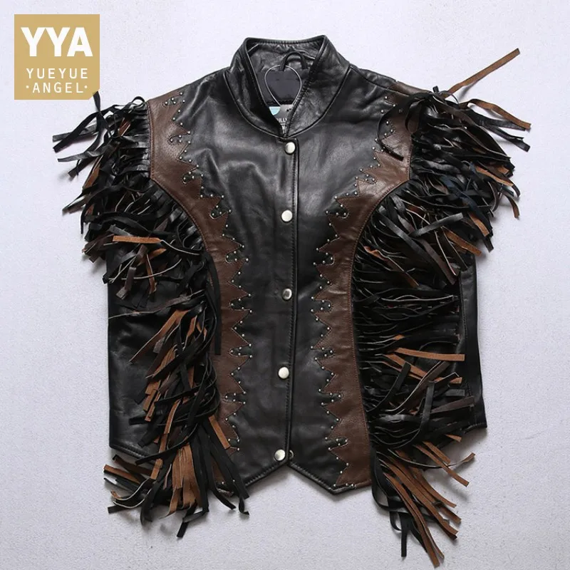 

Punk Style Mens Tassels Vest Tops Stand Collar Single Breasted Vintage Sheepskin Genuine Leather Vest Patchwork Rivets Waistcoat