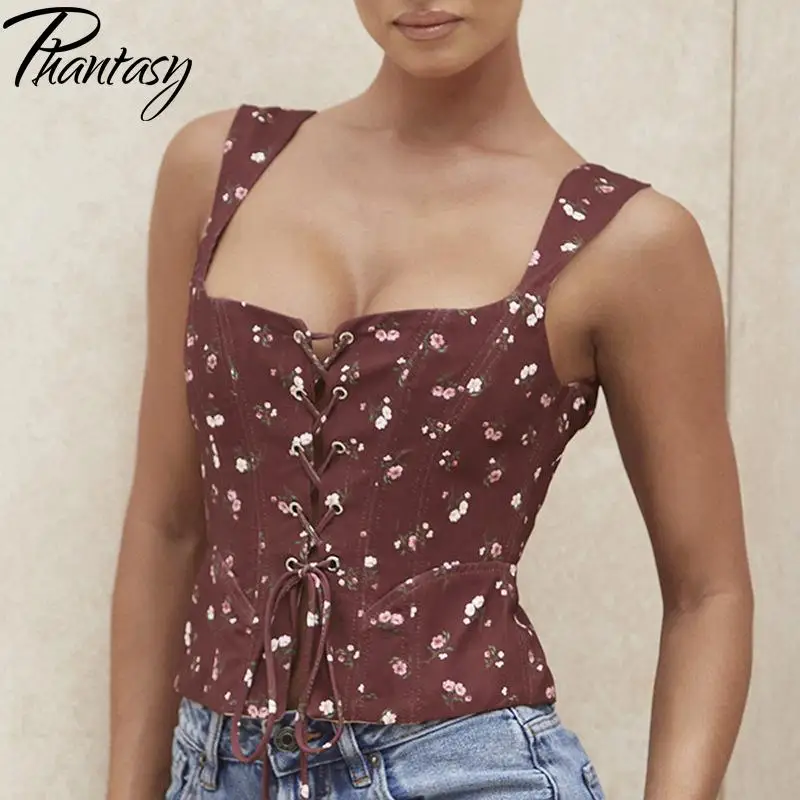 

Phantasy Summer Women's Sleeveless Vest Fashion Floral Printed Tank Top Sexy Backelss Square Neck T-Shirt Female Slim Lace Top