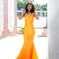 yellow simple elegant long prom dress mermaid v neck sleeveless satin floor length women special occasion evening party gowns