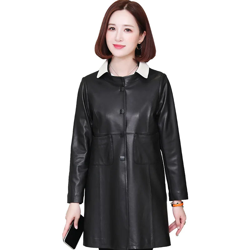 

Sheepskin autumn 2020 new leather loose skinny round neck women's leather coat medium long windbreaker coat