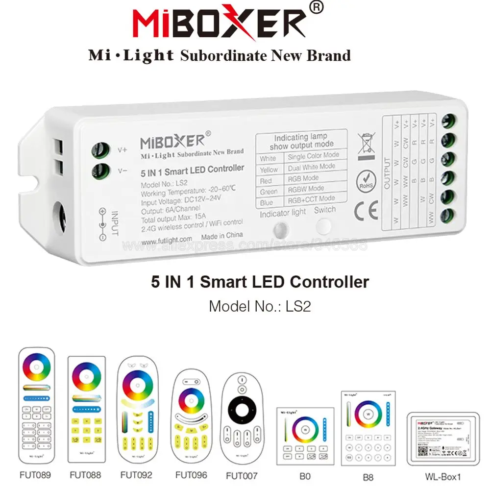 

DC12V 24V 15A MiBoxer LS2 5 in 1 Smart LED Controller for Single Color, CCT, RGB, RGBW, RGB+CCT LED Strip 2.4G Wireless Remote