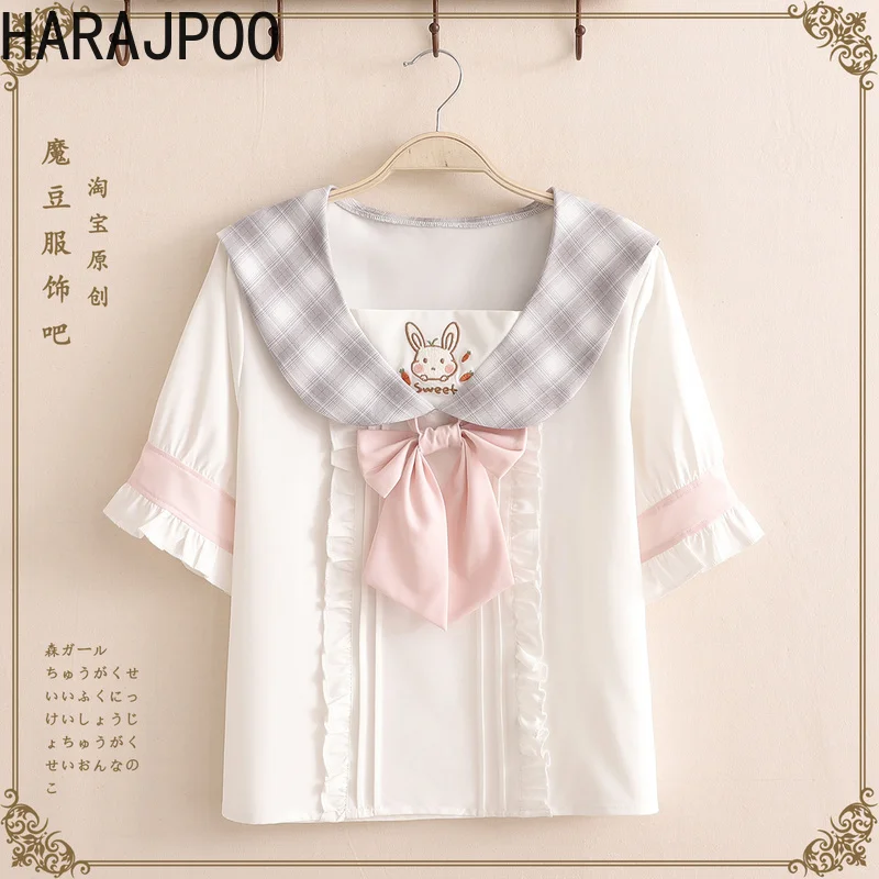

Harajpoo Women Shirts Preppy Style Japanese Student Sweet Doll Collar Rabbit Ears Chiffon Short Sleeve Female Blouse Casual Tops