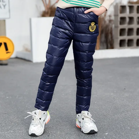 Зимние модные штаны для девочек однотонные водонепроницаемые теплые брюки для мальчиков брюки на белом утином пуху детская одежда от 8 до 12