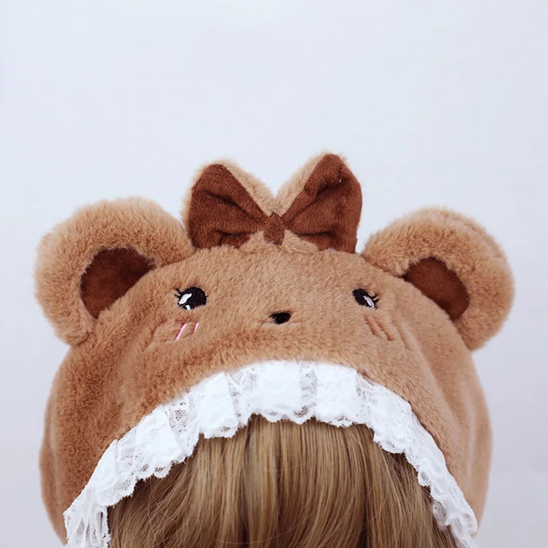 Мягкая Милая Кружевная милая плюшевая теплая шапка в стиле &quotЛолита&quot с ушками