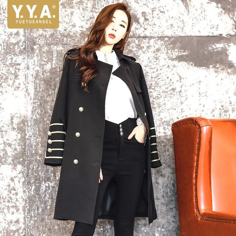 

Autumn Women Fashion Double Breasted Long Trench Coat Court Epaulet Military Overcoat Mid Wind Coat BF Vintage Manteau Femme