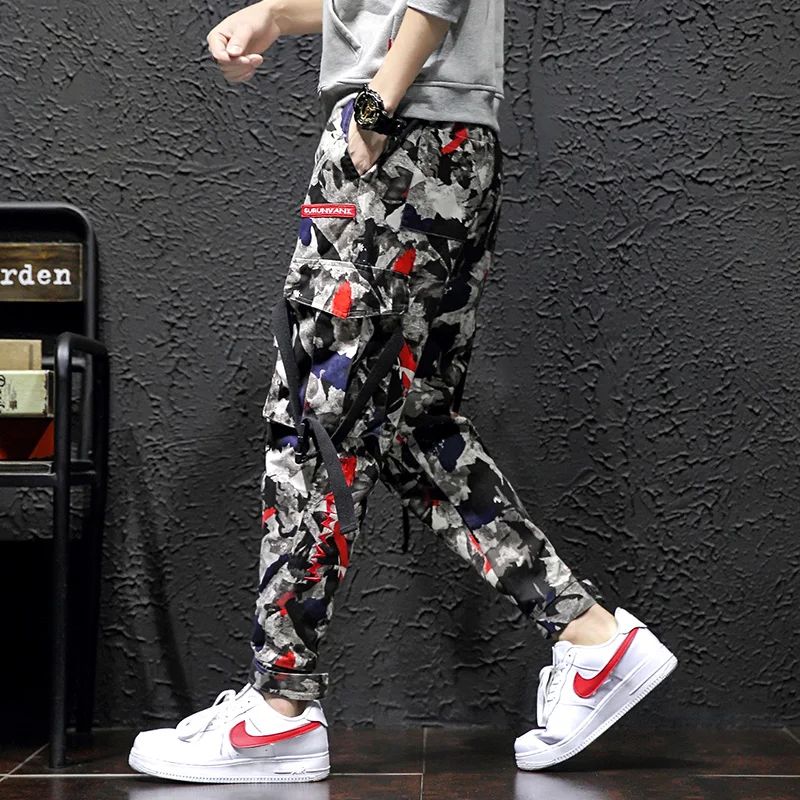 fashion chic belt camouflage men's cargo pants men 2019 autumn big packet loose casual joggers trousers sweatpants |