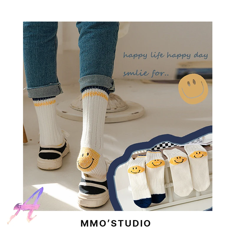 2 Pack KAPITAL Middle Tube Socks Men's Women's Smiley Face  Cotton Socks Casual KAPITAL Knitted Socks