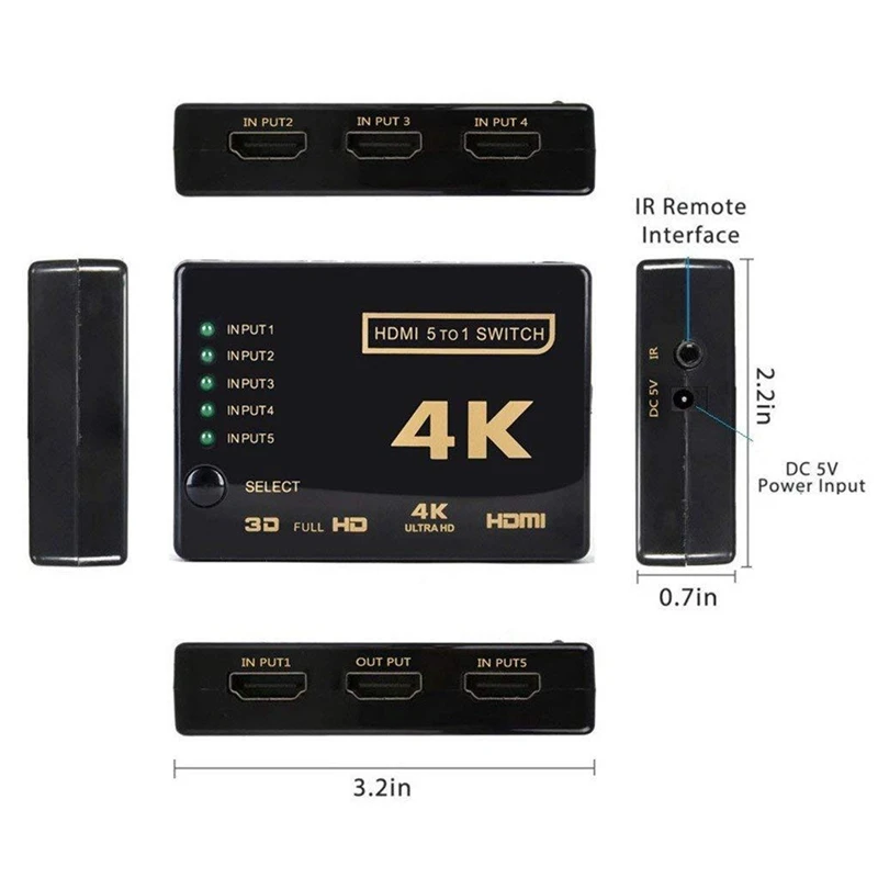

Mini HDMI Switcher 4K 5 Port HDMI Switch Selector Splitter with Hub IR Remote Controller for HDTV DVD TV BOX