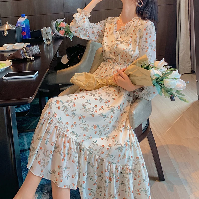 

Women Long Sleeve Floral Dress Ruffled Elegant V-neck French Dress Long Casual Lightweight Dress Fashion Large Size M-2XL