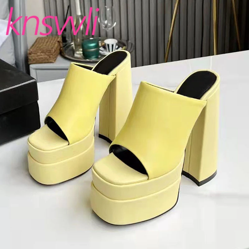 

Platform Slippers Women Genuine Leather Thick Sole Slides Ladies Mules Summer Runway Shoes Women Super High Heels Slippers Woman