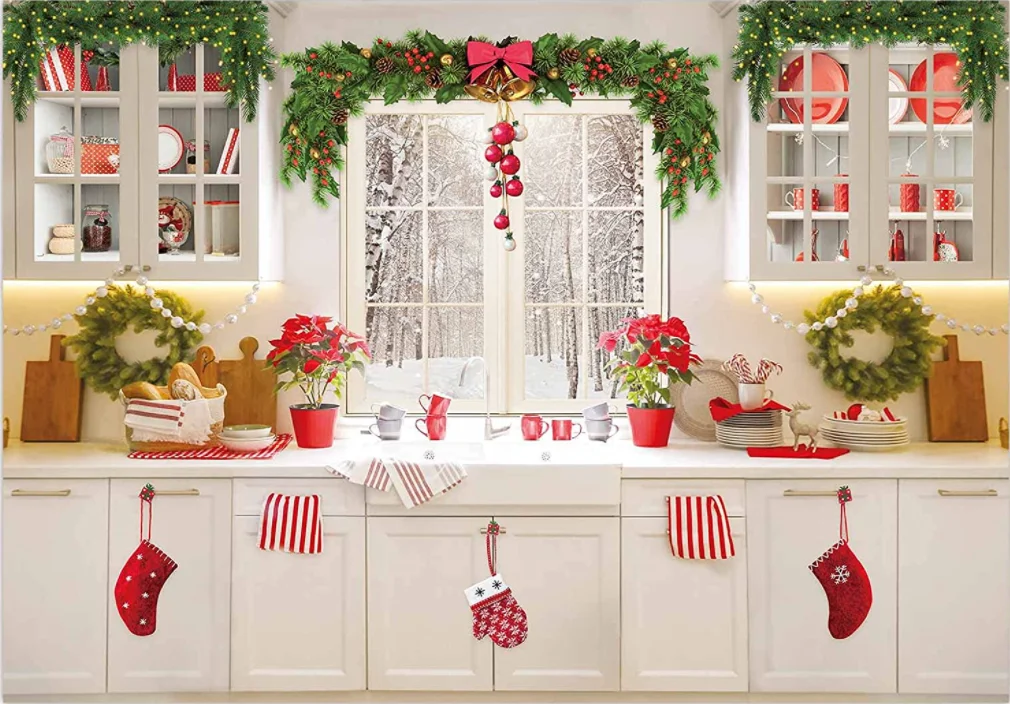 Christmas Kitchen Backdrop Winter Xmas Cooking Indoor Photography Background Family Reunion Baby Shower Merry Friendsmas Party enlarge